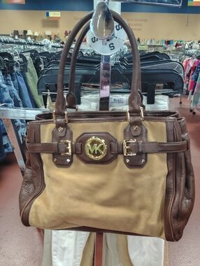Michael Kors Two-Tone Tan and Brown Suede Tote with Gold Hardware
